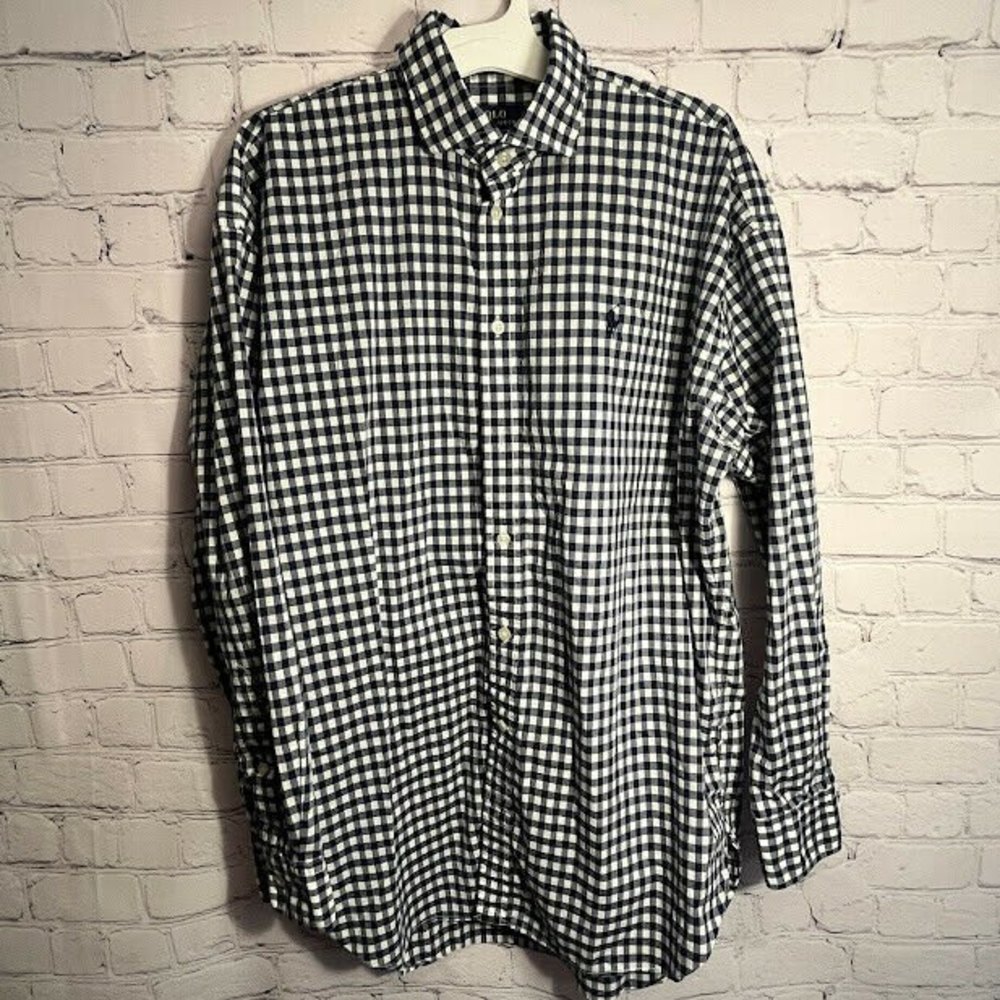 POLO Ralph Lauren Women's BOYFRIEND FIT Button Up Shirt Sz 12 Blue White Check